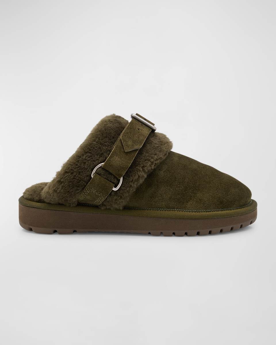 Chubby Suede Shearling Buckle Mules