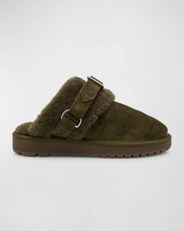 Chubby Suede Shearling Buckle Mules