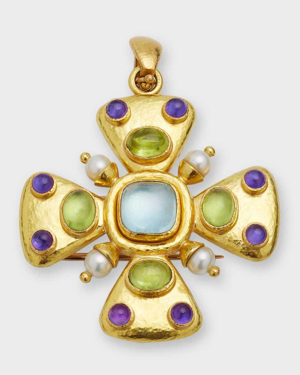 19K Aquamarine, Amethyst and Pearl Brooch Pendant