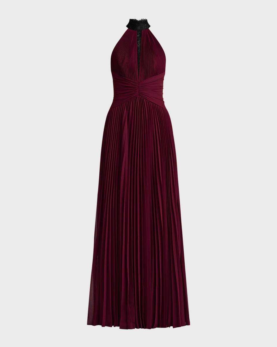 Pleated Lace-Inset Halter Gown