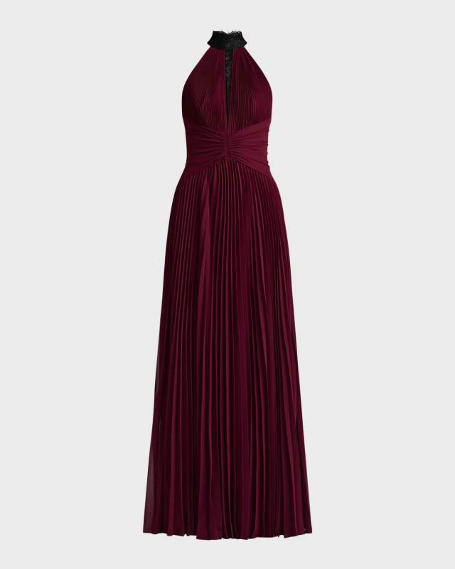 Pleated Lace-Inset Halter Gown