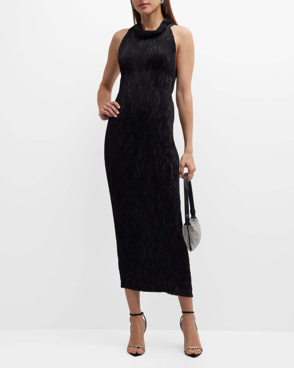 Twisted Cowl-Neck Plisse Midi Sheath Dress