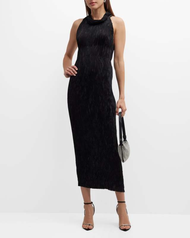 Twisted Cowl-Neck Plisse Midi Sheath Dress