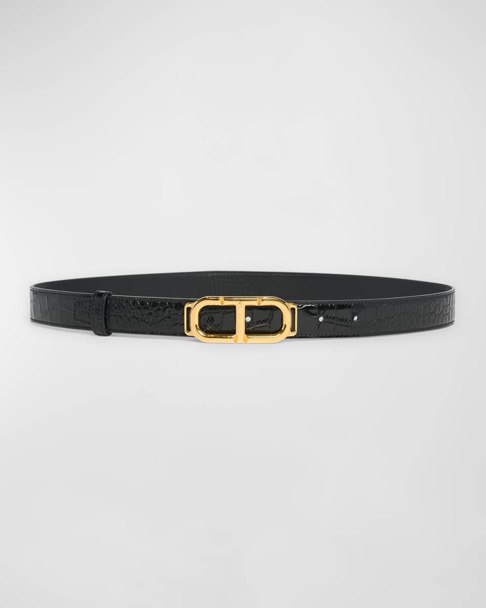 Glossy Croc-Stamped Leather Skinny Belt