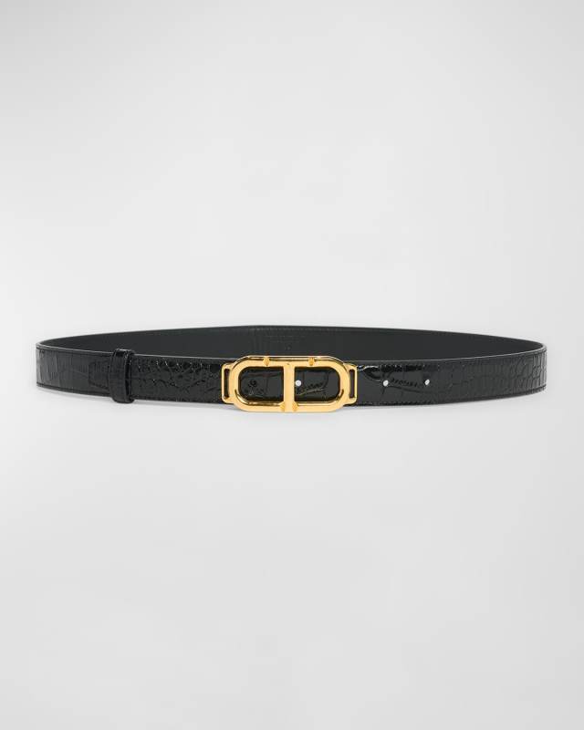Glossy Croc-Stamped Leather Skinny Belt