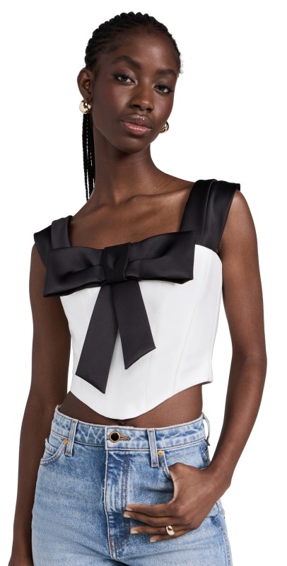 Rozie Corsets Bow-Embellished Satin Corset Top Black/White