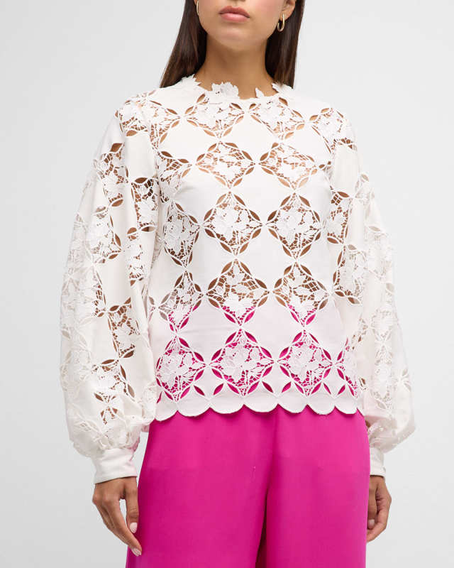 Balloon-Sleeve Gardenia Guipure Eyelet Blouse