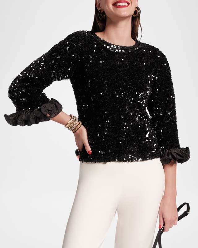Plaza Sequin Ruffle-Cuff Top