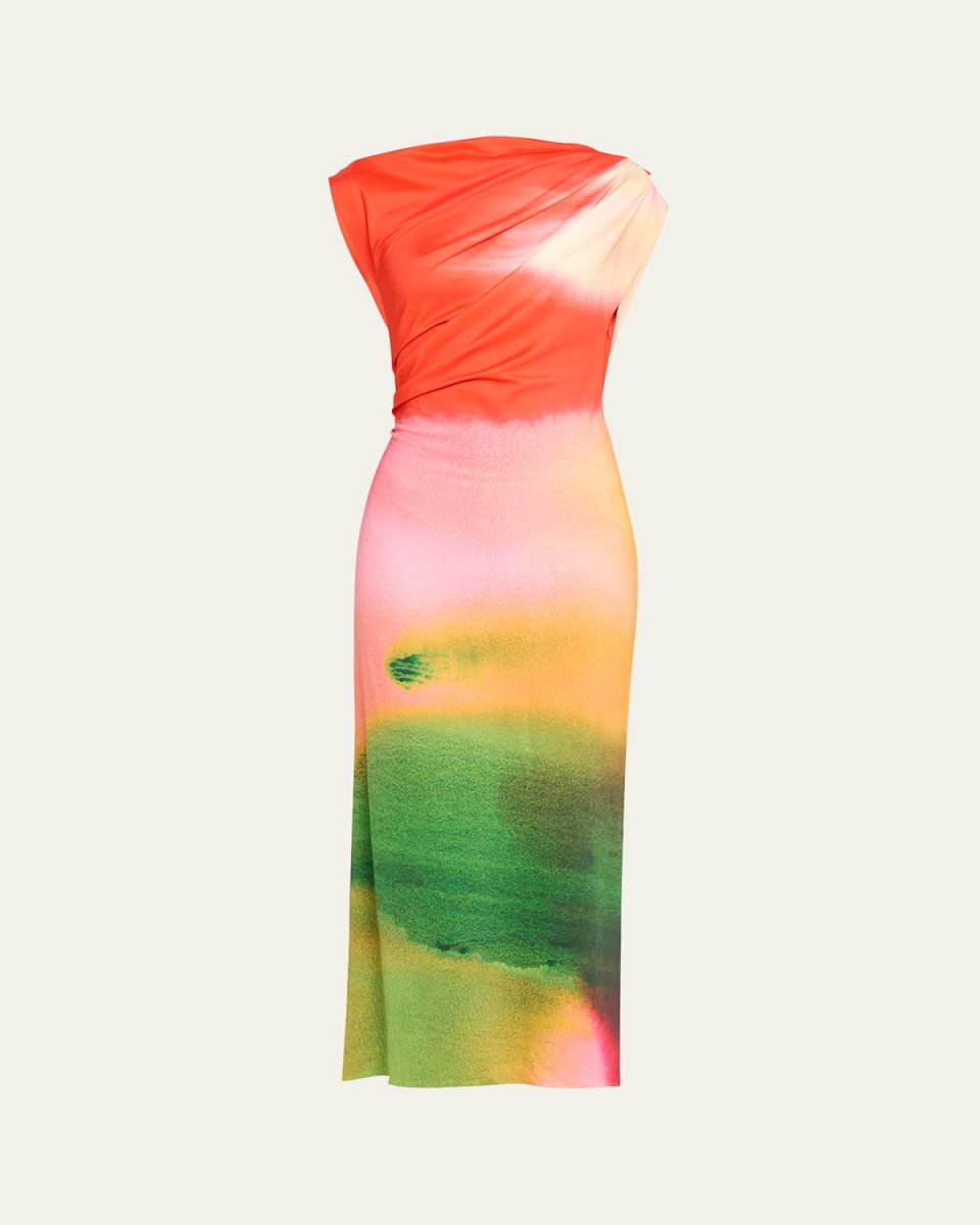 Draped Abstract Watercolor Jersey Dress