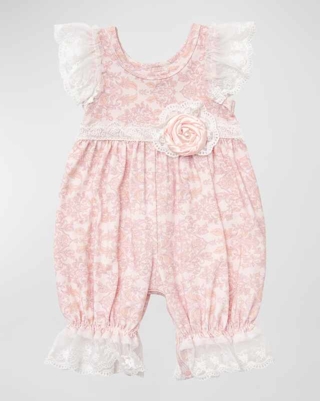 Girl's Floral-Print Lace Trim Bubble Romper, Size Newborn-24M