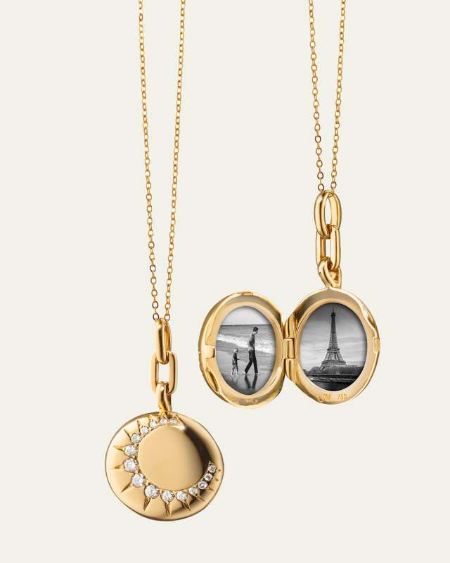 18K Gold Round Sun Locket with Diamonds on a 17" Delicate Belcher Chain