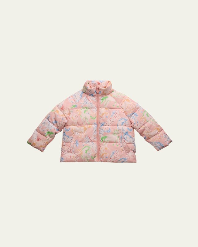 Girl's Multicolor Praire Horse-Print Puffer Coat, Size 4-10