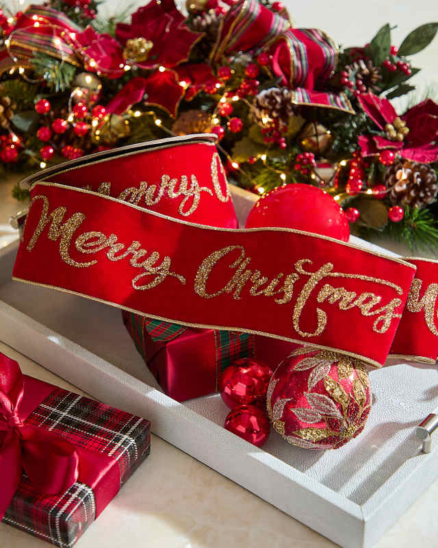 Velvet Glitter Merry Christmas Ribbon, 4" x 10 Yards