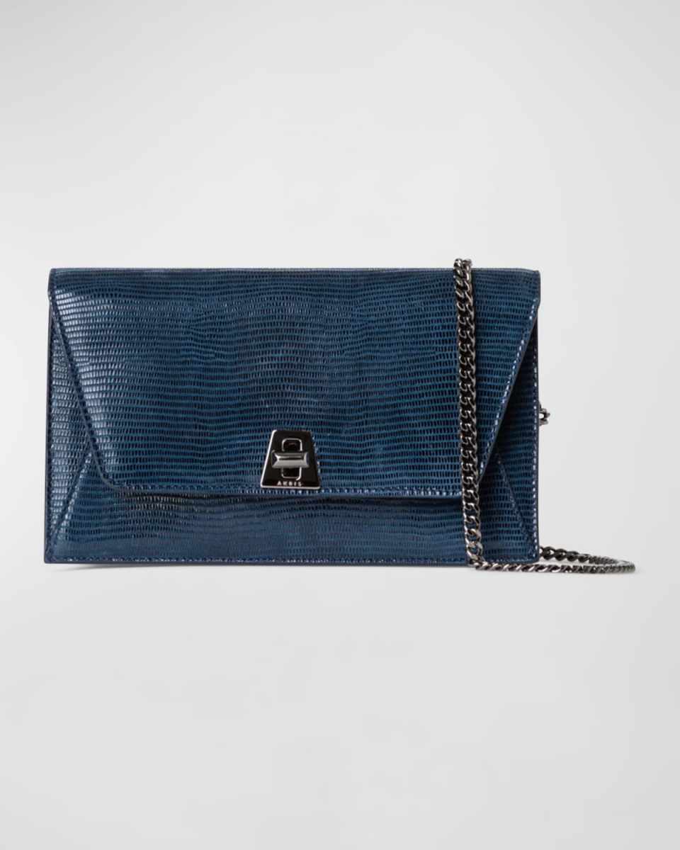 Anouk Lizard-Print Clutch Bag w/ Chain