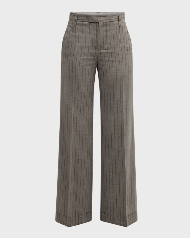 Pinstripe Wool Wide Flared Pants With Cuffs