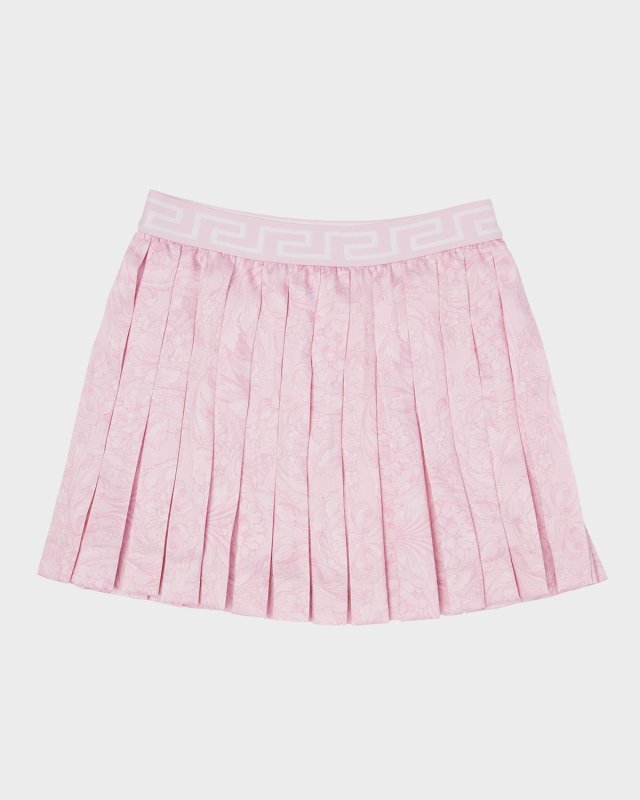Girl's Barocco-Print Pleated Twill Mini Skirt, Size 8-14