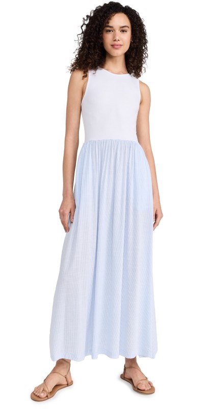MONROW Knit Woven Maxi Dress Soft Blue Stripe