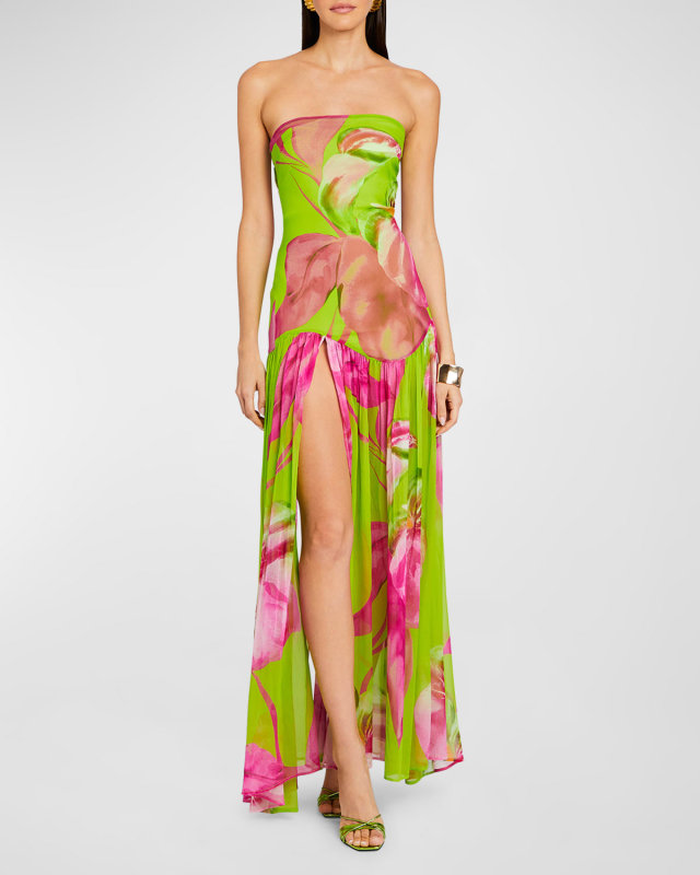 Marisol Strapless Floral Silk Slit Dress