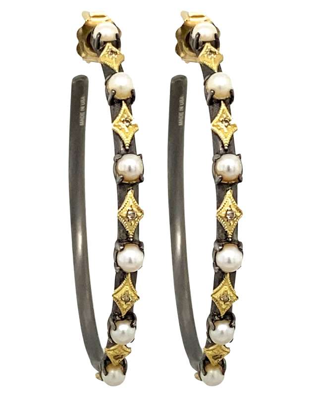Old World Alternating Pearl and Crivelli Hoop Earrings, 35mm