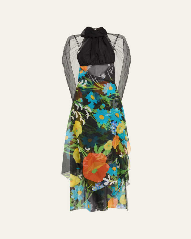Floral Tie-Neck Backless Asymmetric Dress