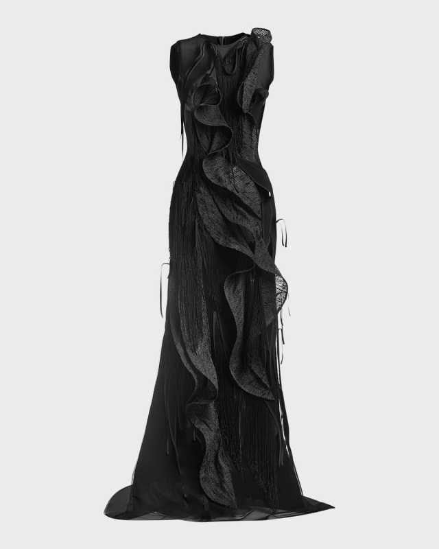 Hedone Sheer Fringe Ruffle Gown