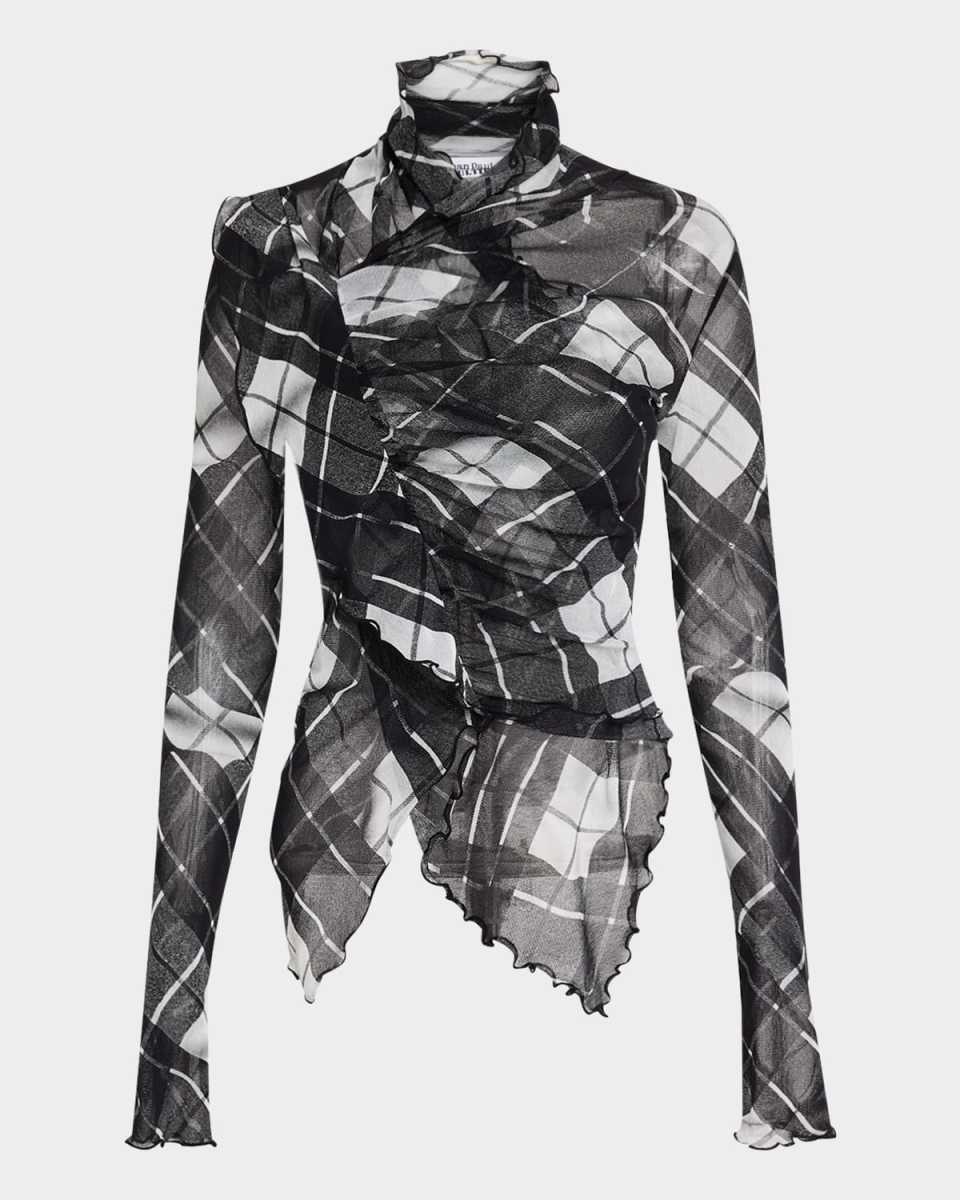 Distorted Tartan-Print Draped Mesh Long-Sleeve Top