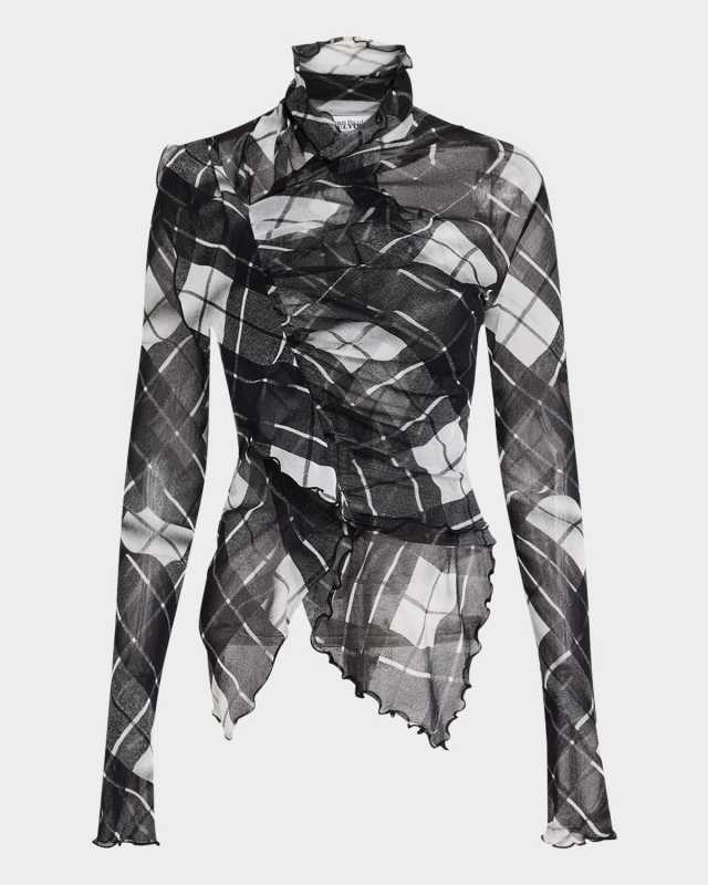 Distorted Tartan-Print Draped Mesh Long-Sleeve Top