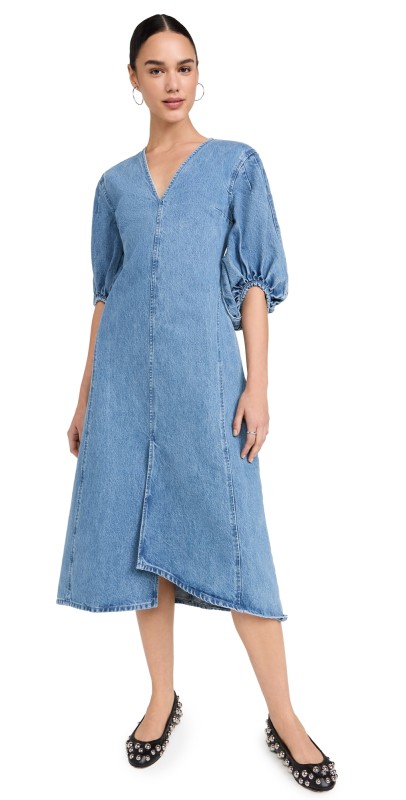 Stine Goya Volume Sleeves Midi Dress Denim Blue