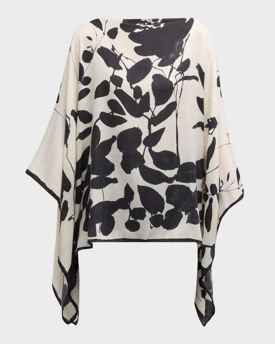 Placed Flower Cashmere-Blend Printed Poncho