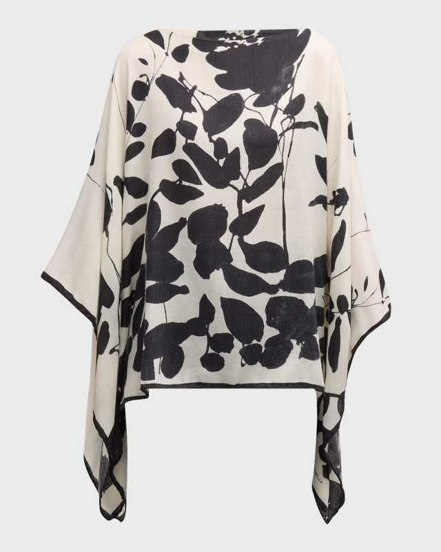 Placed Flower Cashmere-Blend Printed Poncho