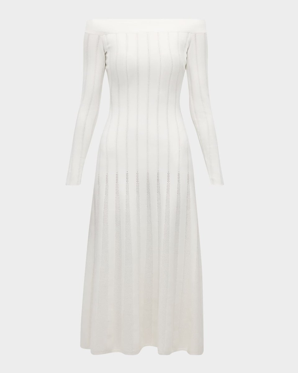 Off-The-Shoulder Long-Sleeve Pointelle Knit Godet Maxi Dress