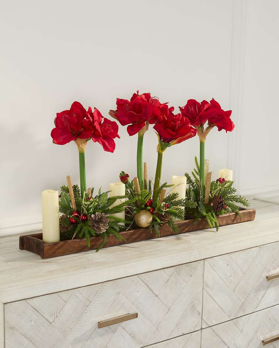 Amaryllis 37" Faux Floral Arrangement in Wood Tray with Candles