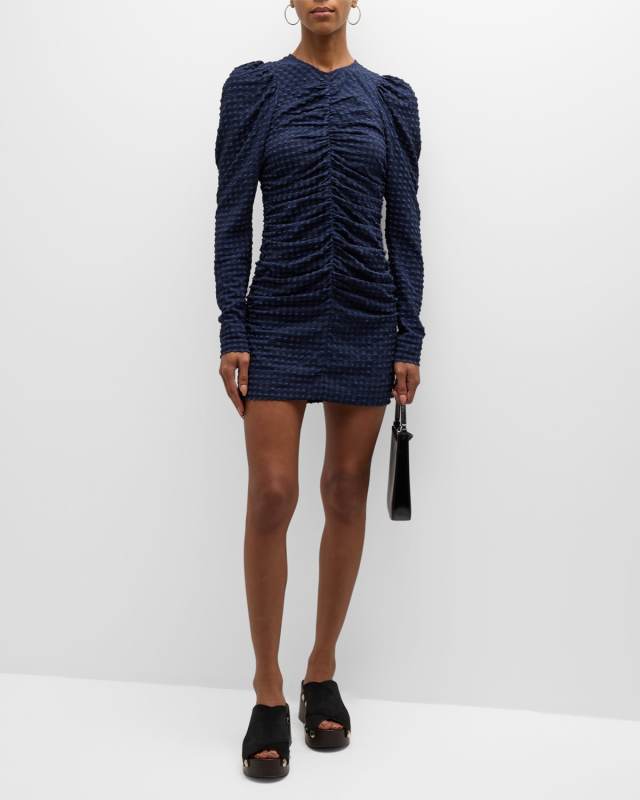 Ruched Long-Sleeve Seersucker Mini Dress