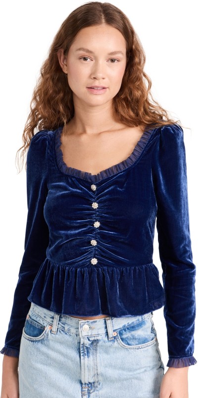 KITRI Sabine Navy Velvet Top Navy