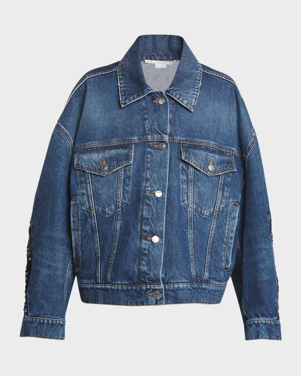 Lace-Detail Oversized Blu Vintage Denim Jacket