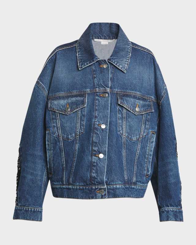 Lace-Detail Oversized Blu Vintage Denim Jacket