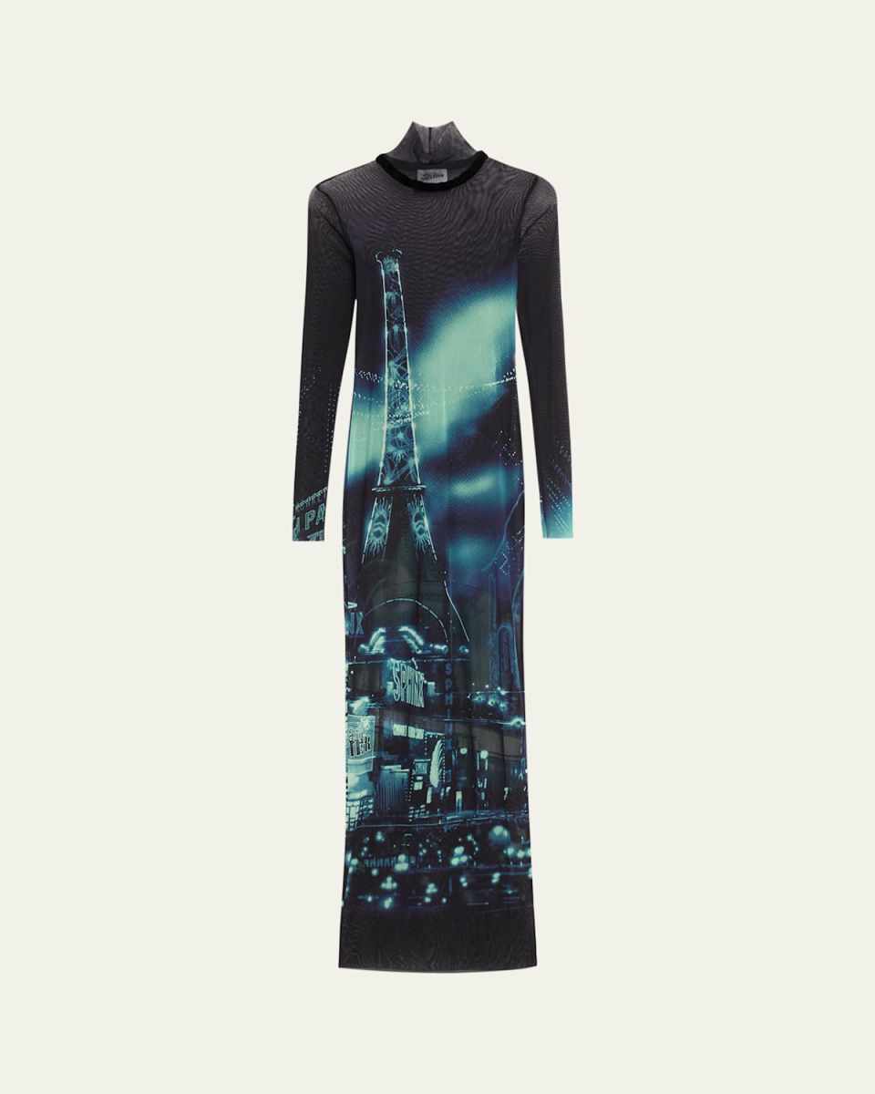 Pigalle Printed Mesh Turtleneck Maxi Dress