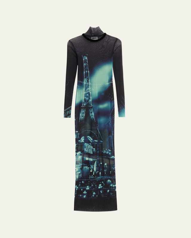 Pigalle Printed Mesh Turtleneck Maxi Dress