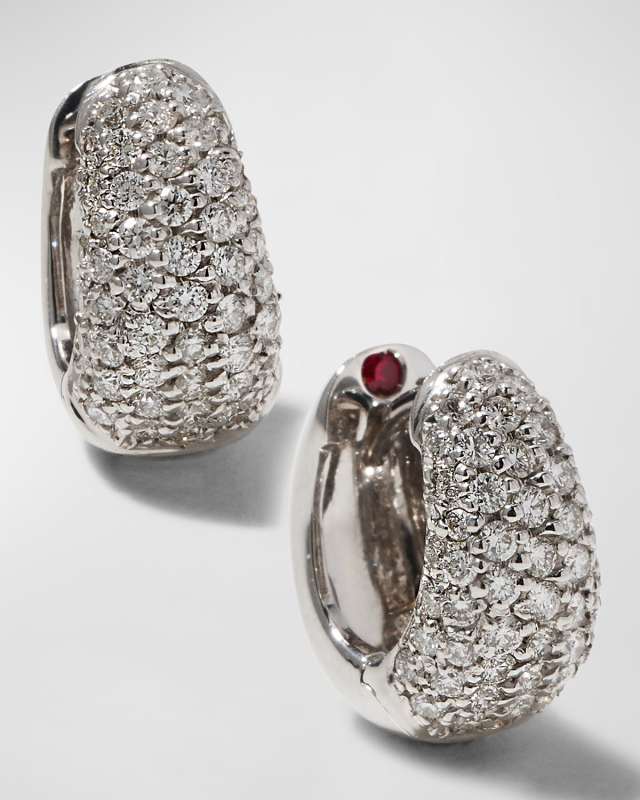 18K White Gold Diamond Snap Hoop Earrings, 0.6"L