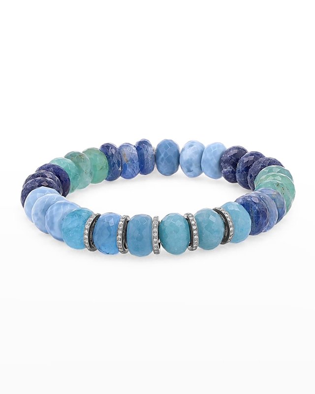 10mm Blue Mixed Bead Bracelet with 5 Diamond Pave Rondelle