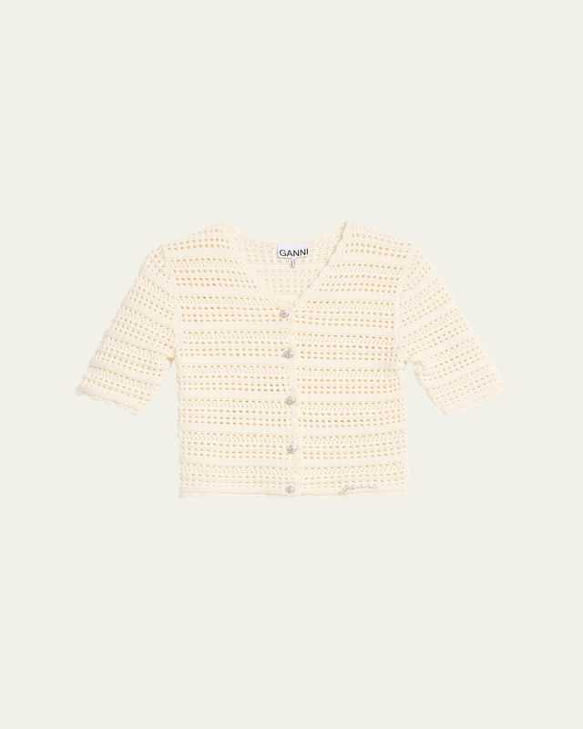 Cotton Pointelle Short-Sleeve Cropped Cardigan