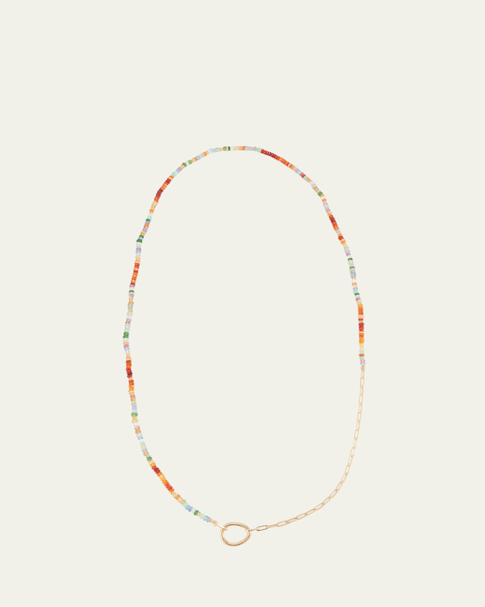 18K Yellow Gold Lien Pierres Long Necklace with Multi-Color Gemstones