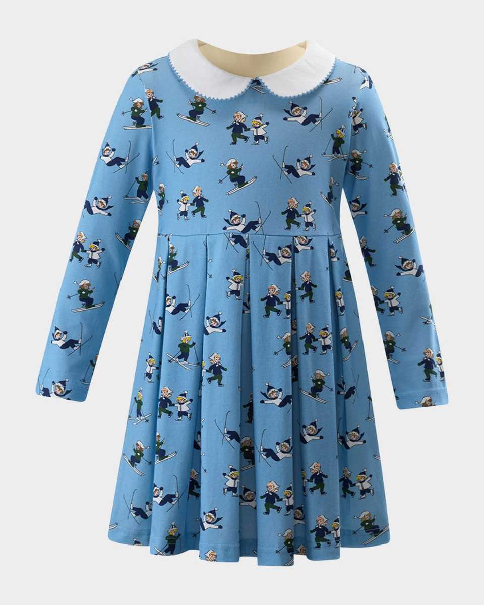 Girl's Ski-Print Pleated Jersey Dress, Size 2-