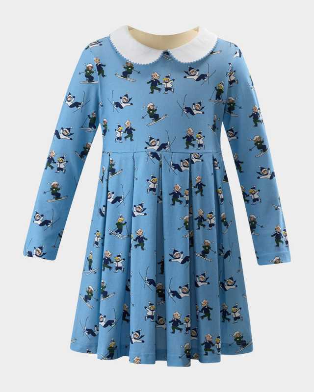 Girl's Ski-Print Pleated Jersey Dress, Size 2-