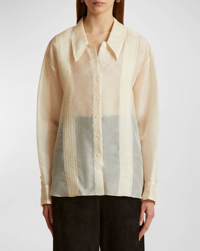 Nori Pleated Silk Button Down Top