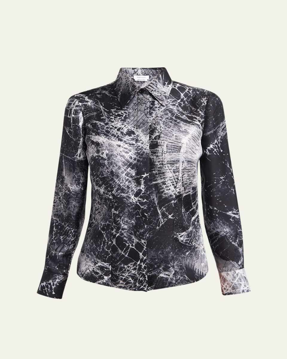 Smashed Screen Print Button Down Silk Blouse