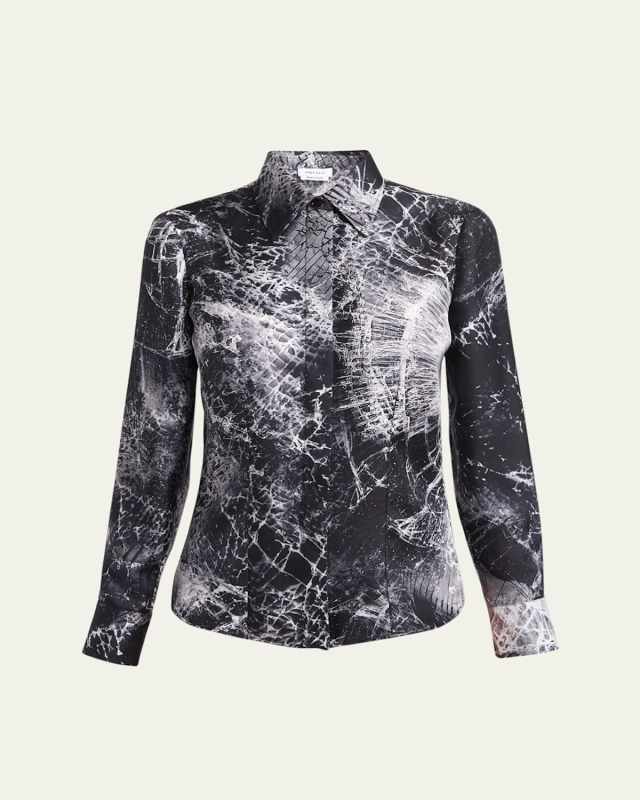 Smashed Screen Print Button Down Silk Blouse