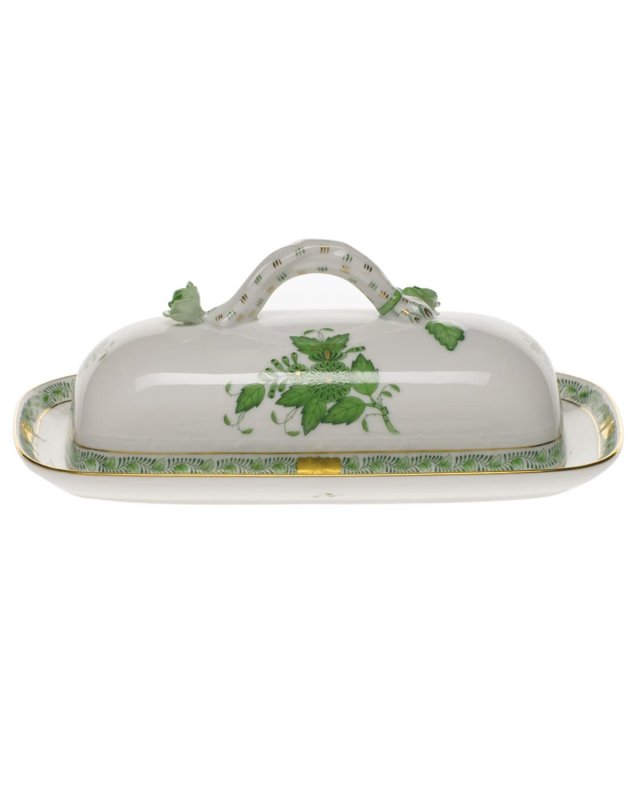Chinese Bouquet Green Butter Dish with Branch Handle