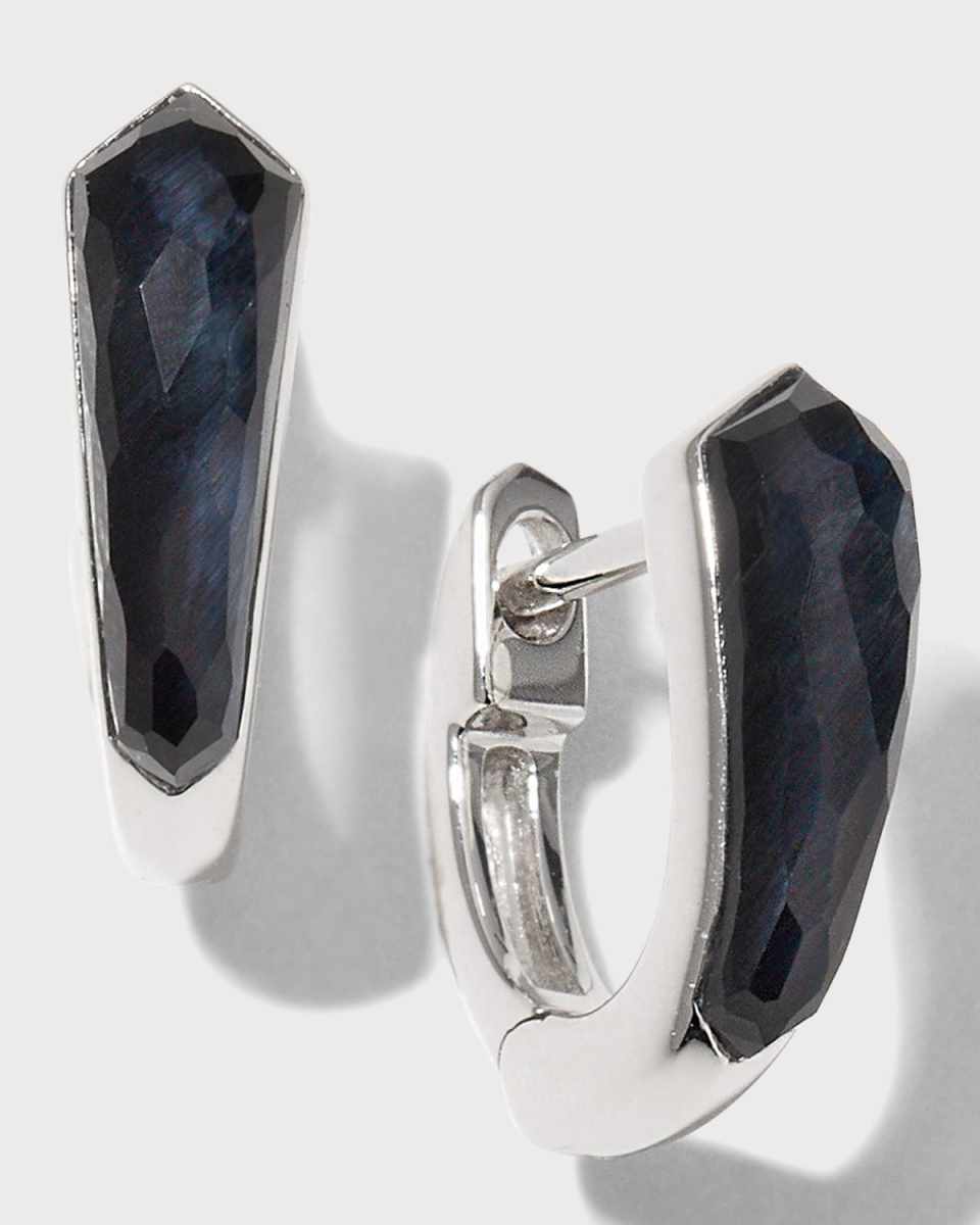 White Gold Sleeper Earrings Set with Falcons Eye Clear Quartz