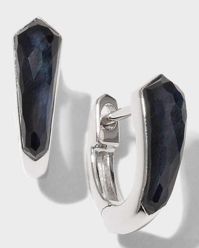 White Gold Sleeper Earrings Set with Falcons Eye Clear Quartz